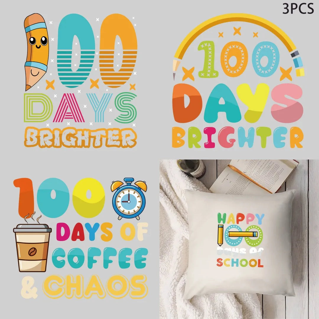 100 Days of School DIY Stickers Shirt Clothes Patch Girls Backpack Pillow Washable Heat Transfer Printing