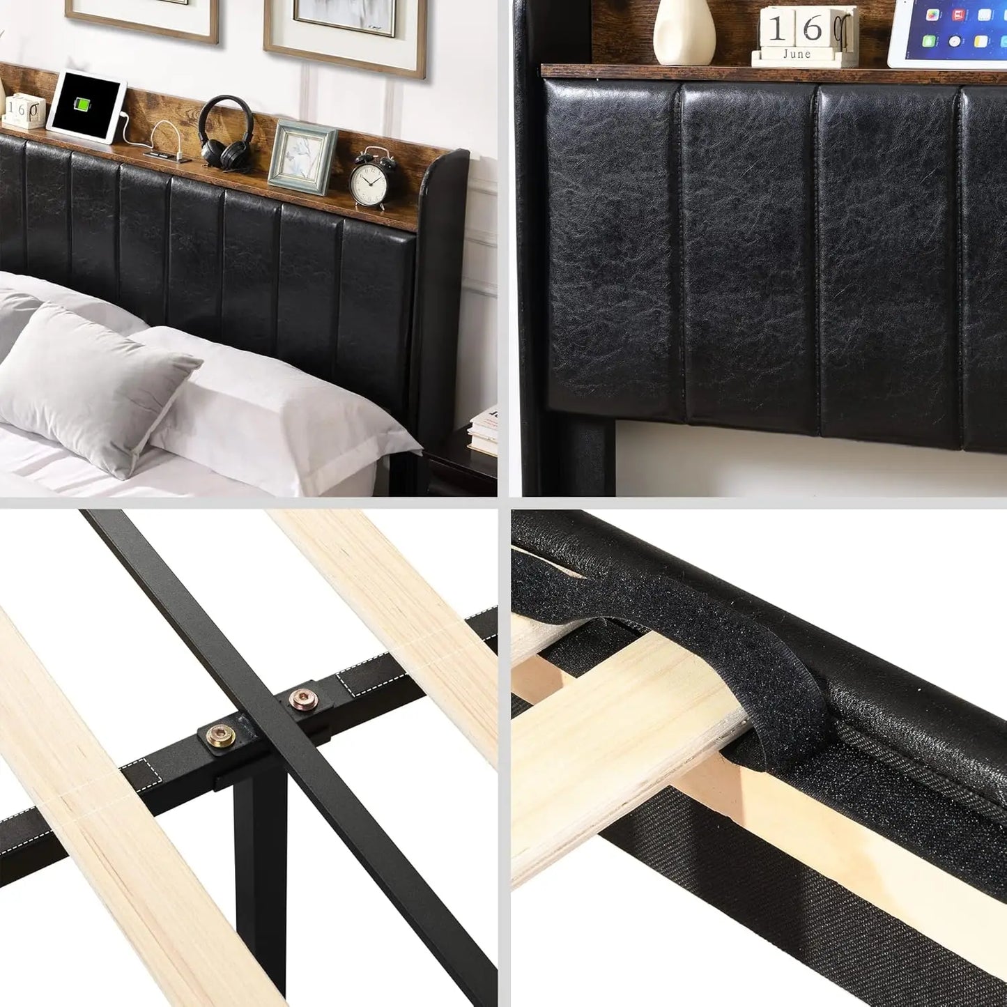 Upholstered Bed Frame Queen Size with Headboard, Platform Queen Bed Frame with Storage Drawers & Charging Station, No Box Spring