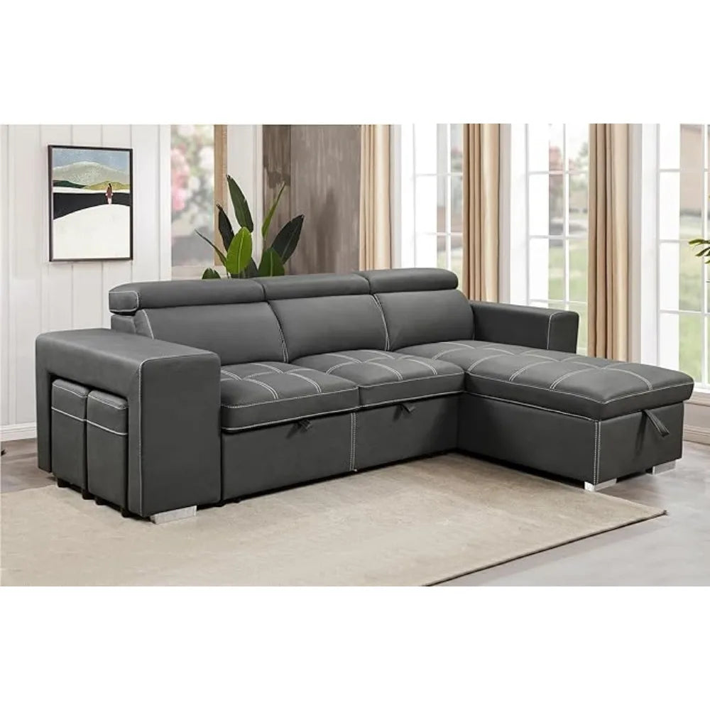 Sofa Couch with Reversible Storage Chaise,L Shaped Sleeper Sectional Sofa Pullout Bed with Adjustable Headrest for Living Room