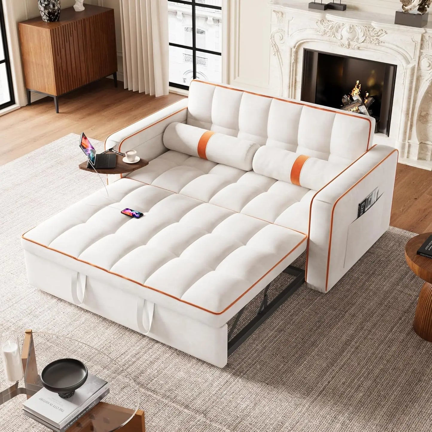 3 in 1 Sleeper Sofa Bed - Convertible Love Seat Couch with Side Table, Tufted Futon Sofa w/Pullout Bed, Adjustable Backrest