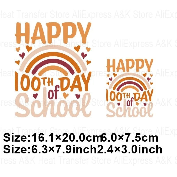 Happy 100 Days of School Heart Transfer Patches Iron On Clothing Kids Boy Rainbow DIY Washable Patches On Clothes Decals Decor