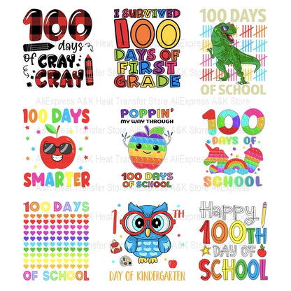 100 Days Of School Kids Thermo Stickers T-Shirt Diy Dinosaur Apple Owl Heat Transfer Boy Girls Iron On Heat Patch Decals