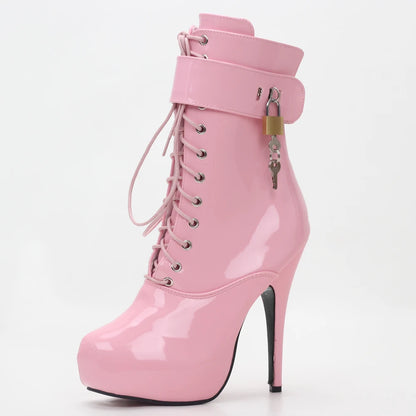 Sexy single boots Lace-Up 15cm High Thin heel 4CM platform ankle short boots Unisex Plus Size Padlocks boots