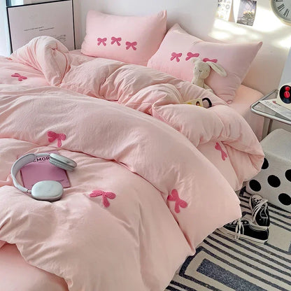 Cute Pink Bows Duvet Cover Set, 3D Embroidery Bedding Sets Pink Bed Set, Comfy Queen Comforter Covers Soft for Girls Kids Teens