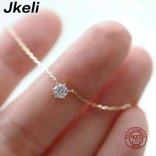 Jkeli 925 Sterling Silver 18k Gold Plated Necklace Single Sparkling Zircon Clavicle Chain for Women Wedding Jewelry collares