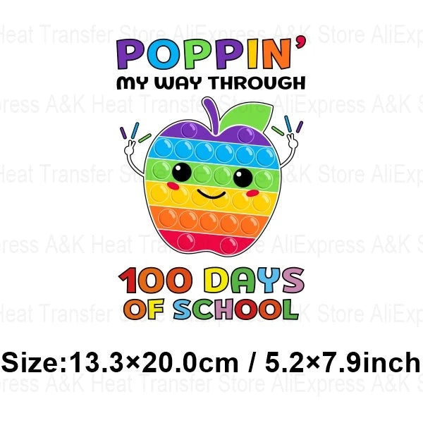 100 Days Of School Kids Thermo Stickers T-Shirt Diy Dinosaur Apple Owl Heat Transfer Boy Girls Iron On Heat Patch Decals