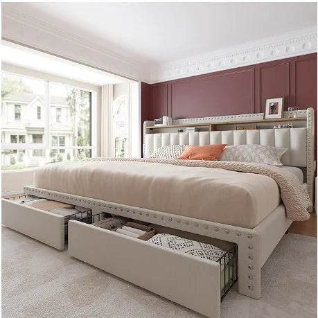 King Size Bed Frame with Storage and Headboard, Upholstered King Bed Frame with Storage, Grey King Bed Frame w 2 Drawers