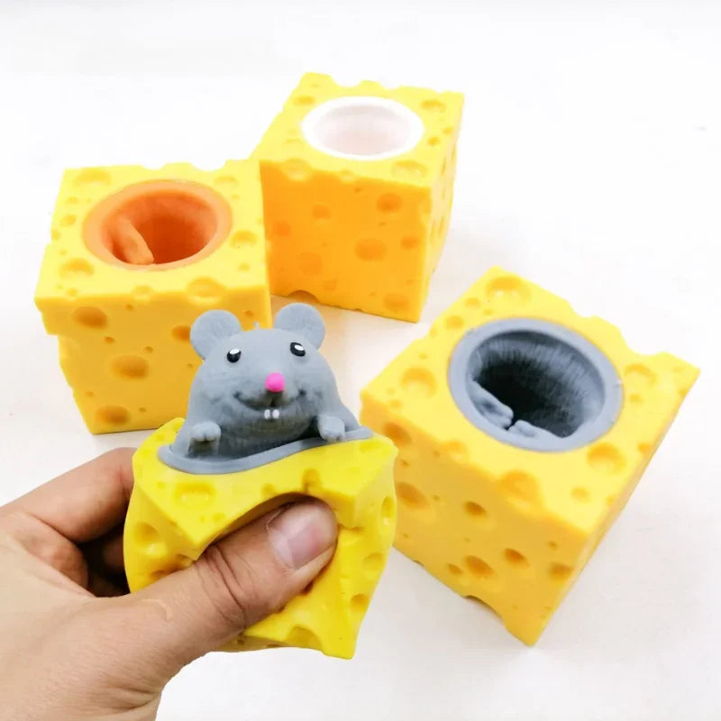 Pop Up Funny Mouse and Cheese Block Squeeze Anti-stress Toy Hide and Seek Figures Stress Relief Fidget Toys for Kids Adult