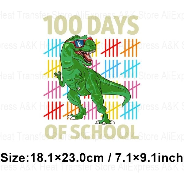 100 Days Of School Kids Thermo Stickers T-Shirt Diy Dinosaur Apple Owl Heat Transfer Boy Girls Iron On Heat Patch Decals