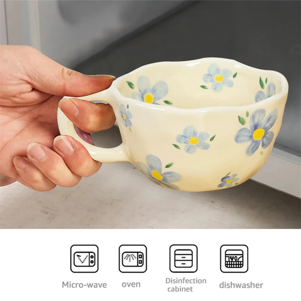 Ceramic Mugs Coffee Cups Hand Pinched Irregular Flower Milk Tea Cup ins korean style Oatmeal Breakfast Mug Drinkware Kitchen