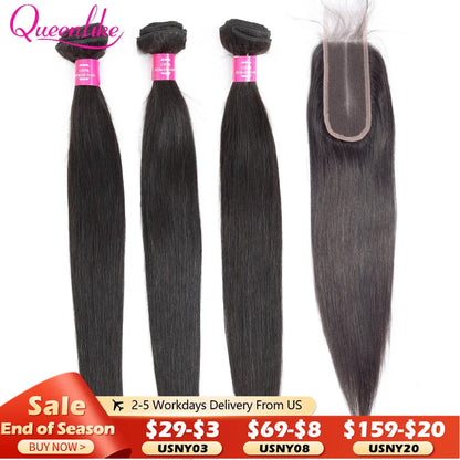 Queenlike Straight Human Hair Bundles with Closures Brazilian Raw Hair Weave Bundles With 2x6 Deep Kim Closure And Bundles