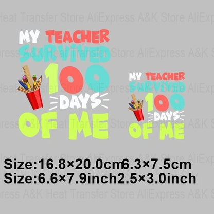 100 Days Of School Kids Thermo Stickers T-Shirt Diy Dinosaur Apple Owl Heat Transfer Boy Girls Iron On Heat Patch Decals