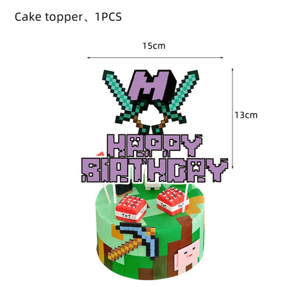 Cartoon Miner Craftings Pixel Tableware Set Theme Birthday Party Decor Cup Plate Napkin Cake Tablecloth Party Kids Baby Shower