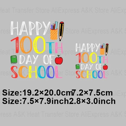 Happy 100 Days of School Heart Transfer Patches Iron On Clothing Kids Boy Rainbow DIY Washable Patches On Clothes Decals Decor