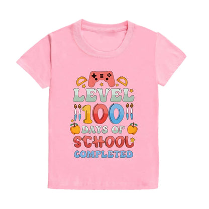 Level 100 Days of School Completed T-Shirt for Kids Short Sleeve Crew Neck Tee Tops Best Gift To Child Summer Clothes