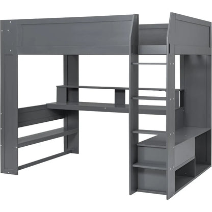 Full Size Gaming Loft Bed with Desk, LED and Charging Station, Wood Loft Bed with Multi-Storage Shelves and Drawers