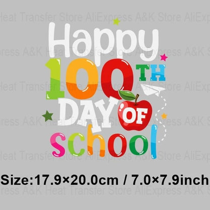 Happy 100 Days of School Heart Transfer Patches Iron On Clothing Kids Boy Rainbow DIY Washable Patches On Clothes Decals Decor