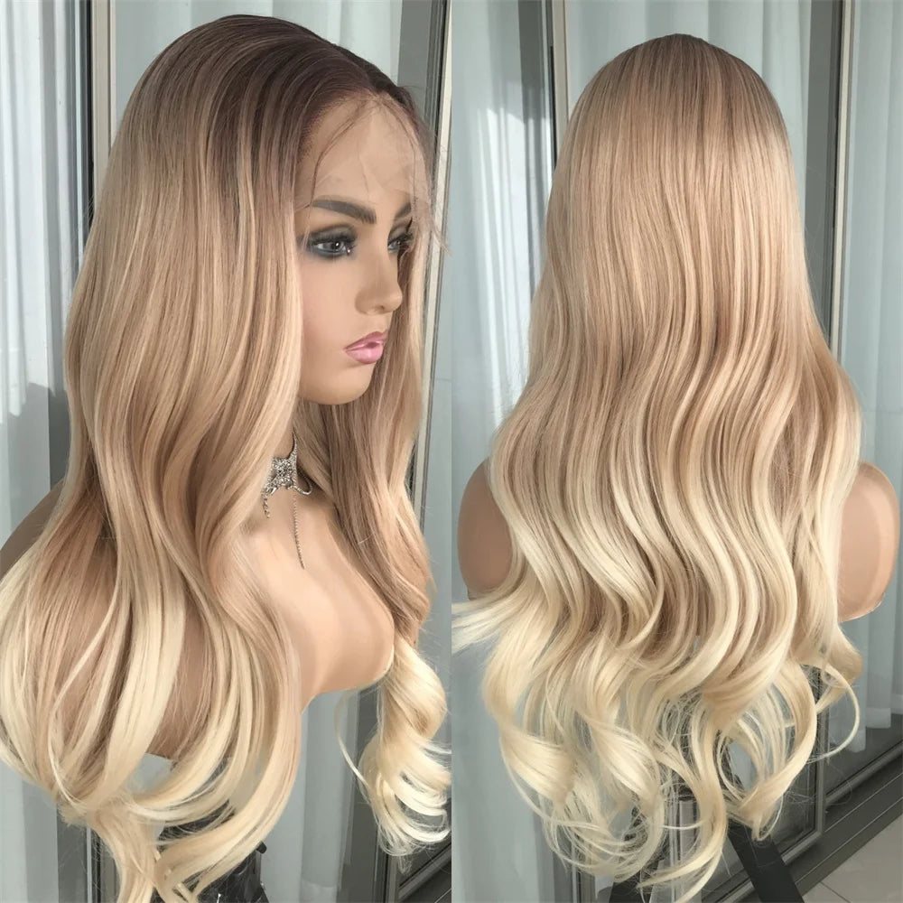 Body Wave Lace Front Wig Highlight Ash Blonde Lace Frontal Synthetic Wigs Pre Plucked Long Wavy Synthetic Lace Wig for Women