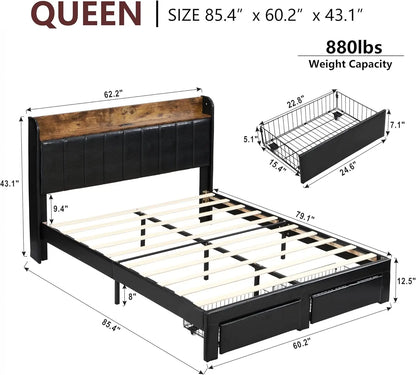 Upholstered Bed Frame Queen Size with Headboard, Platform Queen Bed Frame with Storage Drawers & Charging Station, No Box Spring