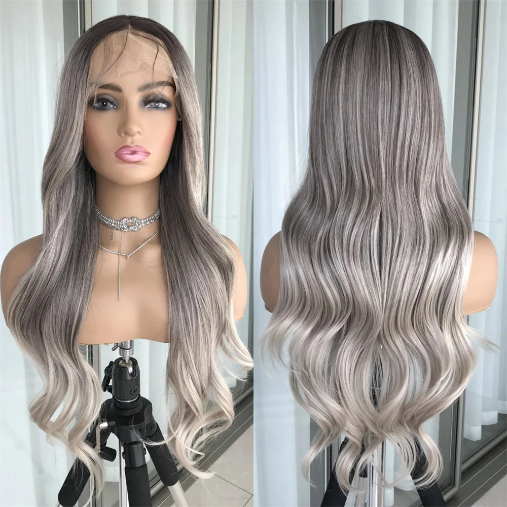 Body Wave Lace Front Wig Highlight Ash Blonde Lace Frontal Synthetic Wigs Pre Plucked Long Wavy Synthetic Lace Wig for Women