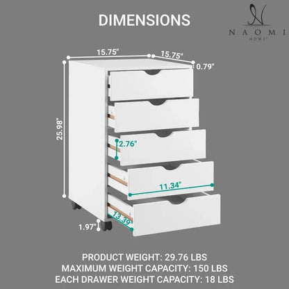 5 Drawer Chest, Wood Storage Dresser Cabinet with Wheels, Craft Storage Organization, Makeup Drawer Unit for Closet, Bedroom