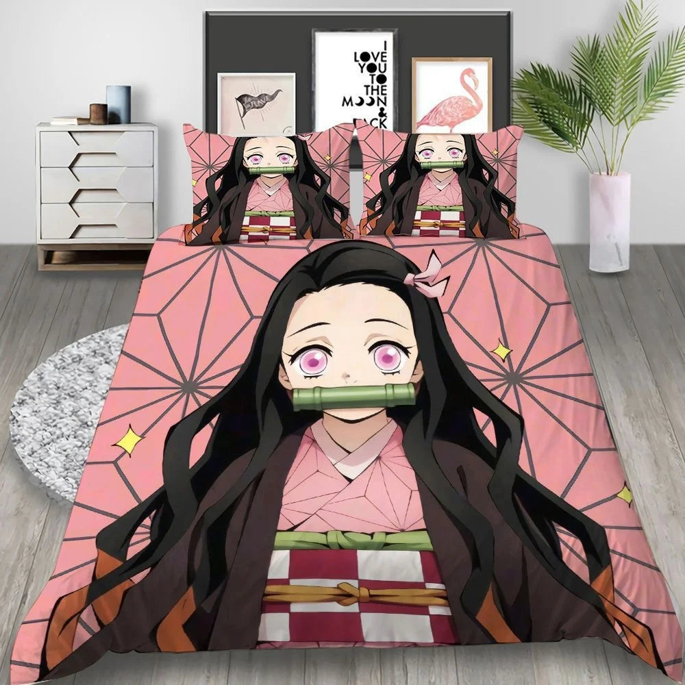 Cartoon Demon Slayer Bedding Set Duvet Covers Japan Anime 3D Printed Comforter Bedding Sets Bedclothes Bed Linen(NO Sheet)