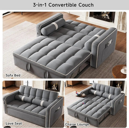 3 in 1 Sleeper Sofa Bed - Convertible Love Seat Couch with Side Table, Tufted Futon Sofa w/Pullout Bed, Adjustable Backrest