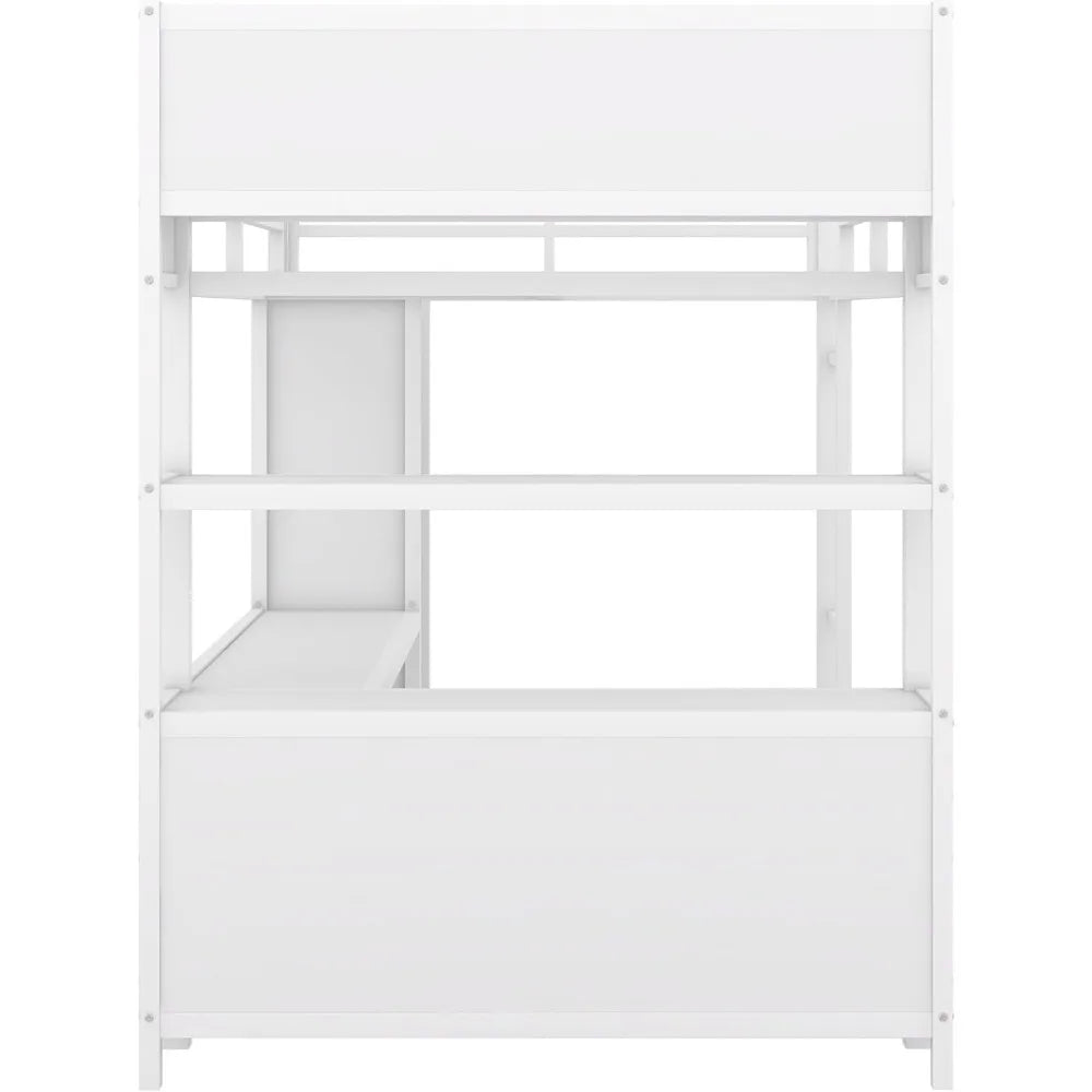 Full Size Loft Bed with L Shaped Desk and Wardrobe, Heavy Duty Loft Bed with Storage Cubes and Shelves, Metal Loft Bed for Kids