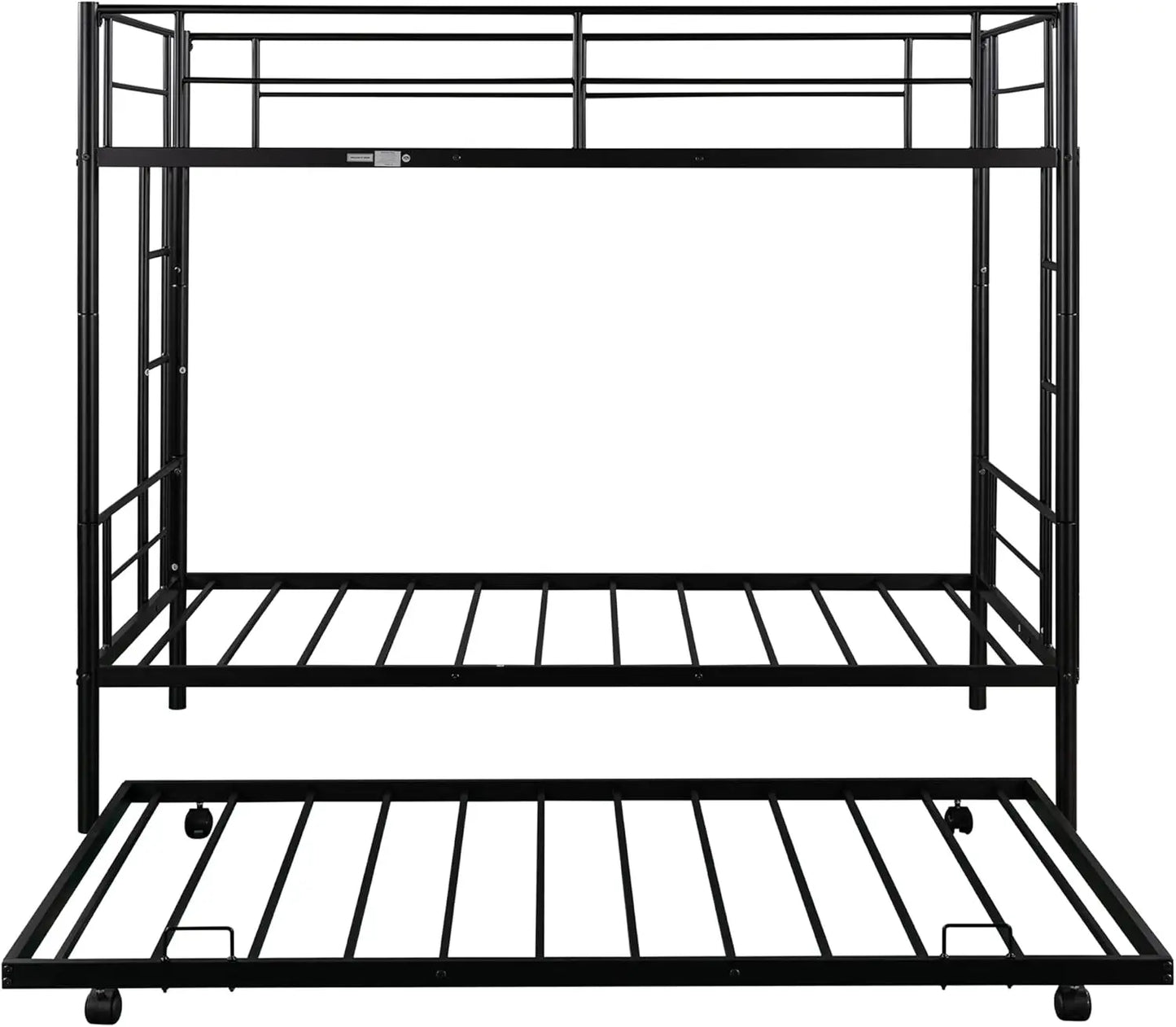 Twin Over Twin Metal Bunk Bed with Trundle Heavy Duty Bunk Beds Frame with 2 Side Ladders Convertible Bunkbed with Safety Guard