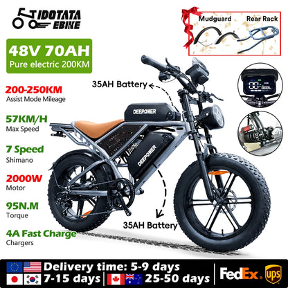 IDOTATA-S7 Electric Bike for Adults, Dual Battery, 48V, 70Ah, 20inch, 4.0 Fat Tires,Snow Mountain E-Bike, 2000W Electric Bicycle