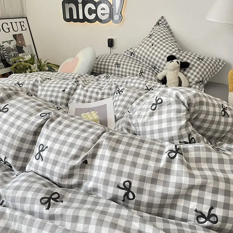 Ins Simple Style Duvet Cover Set with Pillowcases Flat Sheet No Comforter Grey Boys Girls Bedding Kit Single Twin Bed Linens