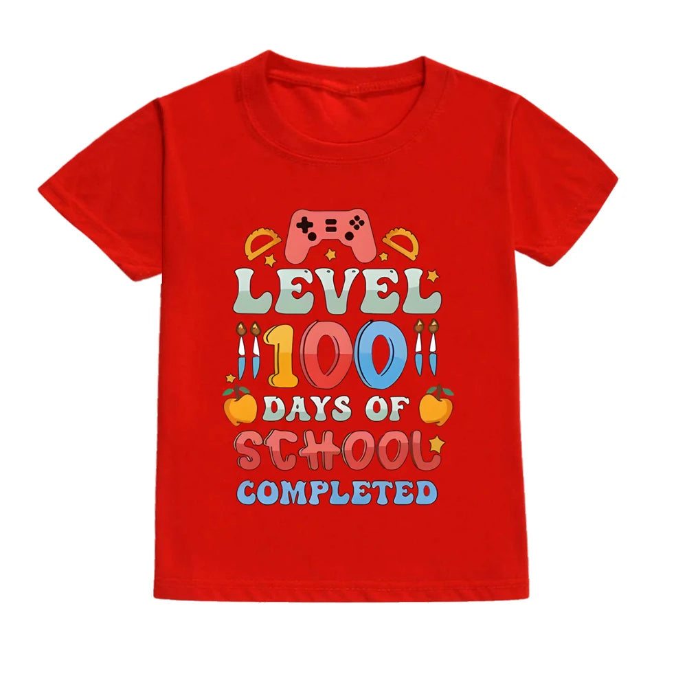 Level 100 Days of School Completed T-Shirt for Kids Short Sleeve Crew Neck Tee Tops Best Gift To Child Summer Clothes