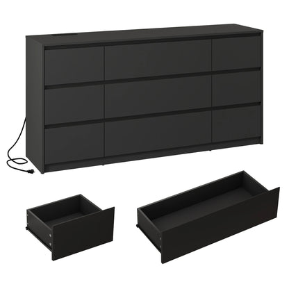 9 Drawer Dresser for Bedroom with Charging Station, 63" Modern Large Wood Chest of Drawers Handle Free, Black/White