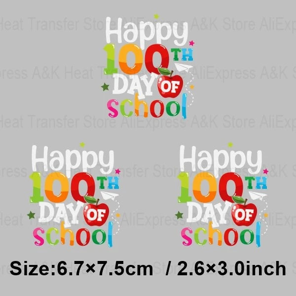 Happy 100 Days of School Heart Transfer Patches Iron On Clothing Kids Boy Rainbow DIY Washable Patches On Clothes Decals Decor