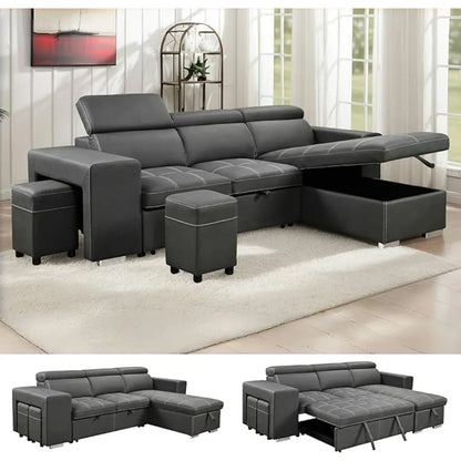 Sofa Couch with Reversible Storage Chaise,L Shaped Sleeper Sectional Sofa Pullout Bed with Adjustable Headrest for Living Room