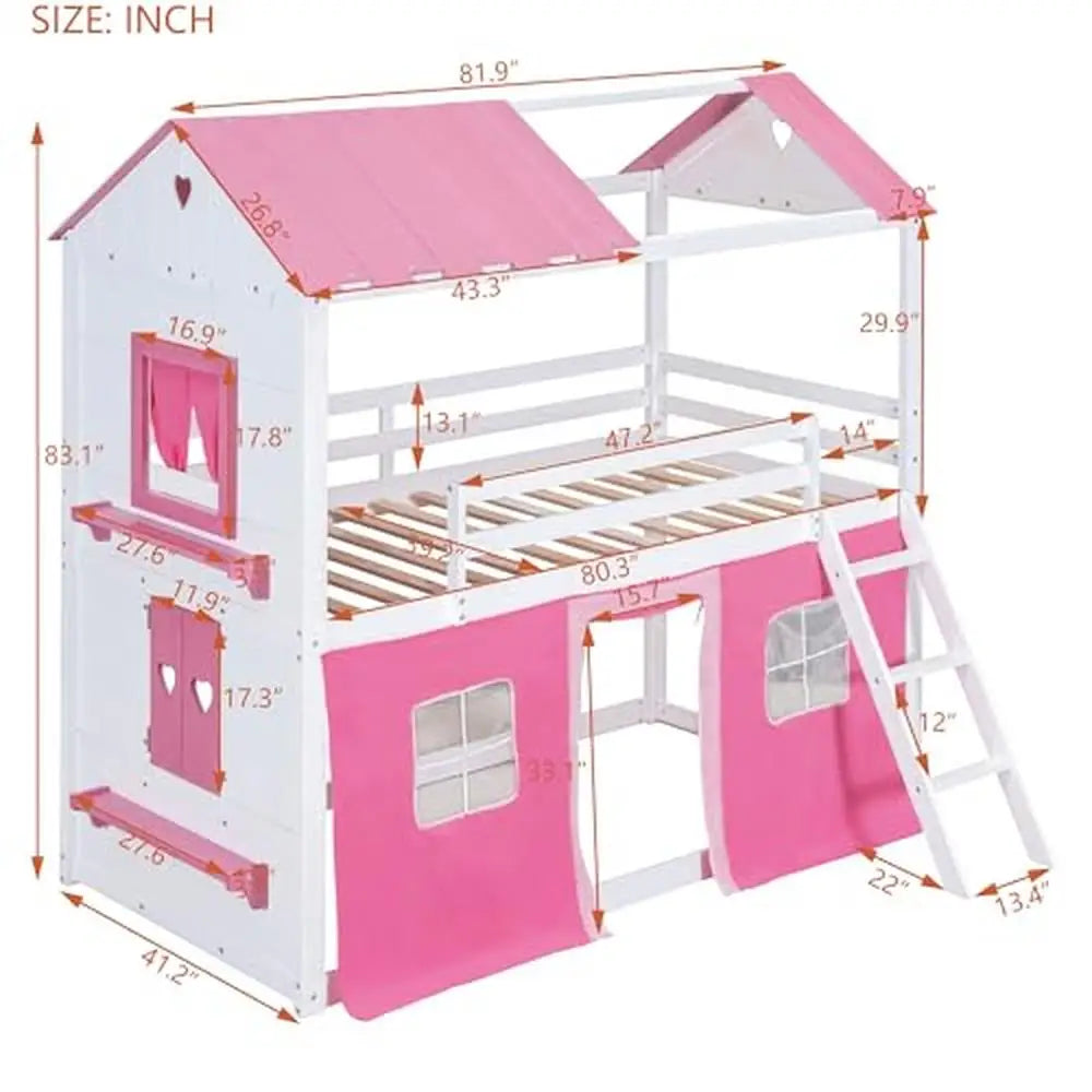 Kids Loft Bunk Bed House Twin with Tent Ladders Guardrail Windows Playhouse Wood Twin Over Twin Loft Bed Creative Design Storage