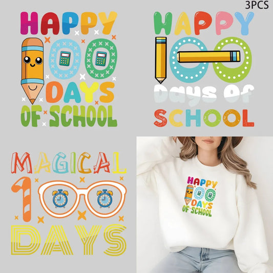 100 Days of School DIY Stickers Shirt Clothes Patch Girls Backpack Pillow Washable Heat Transfer Printing