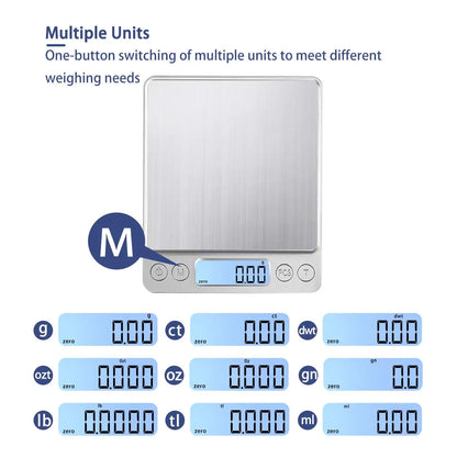 Digital Kitchen Scale 3000g/ 0.1g USB Charging with 2 Trays Home Mini Jewelry Pocket Scale with LCD Display Digital Food Scales