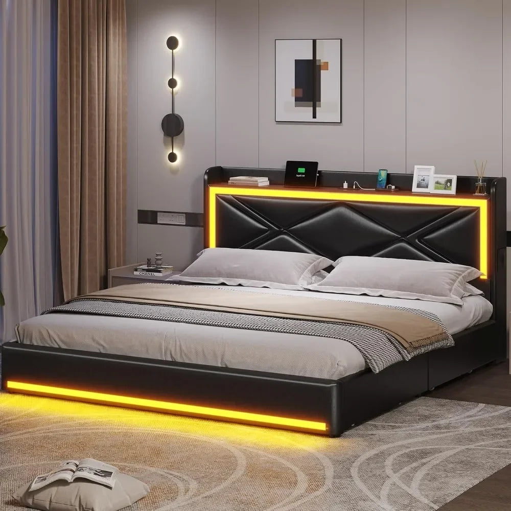 Bed Frame with Storage Drawers & LED Lights Headboard, Faux Leather Platform Bed with USB-C Charging Station