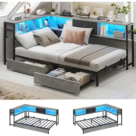 Corner Bed Frame Full Size with Bookcase and 2 Underbed Storage Drawers, Full Corner Bed with LED Light and Charging Station