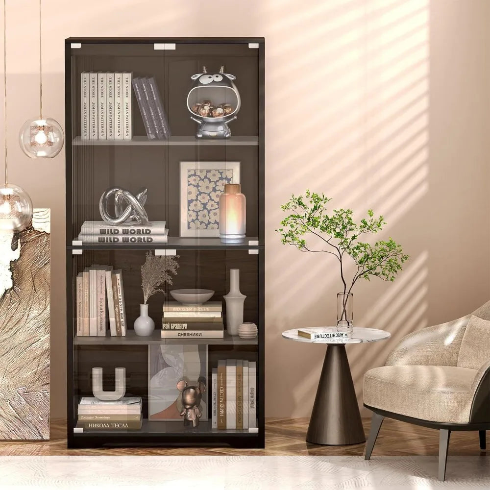 Display Cabinet with Glass Doors, Storage Cabinet with 3 Color Light, 4-Tier Curio Cabinet&Bookcase for Collectibles, Toys