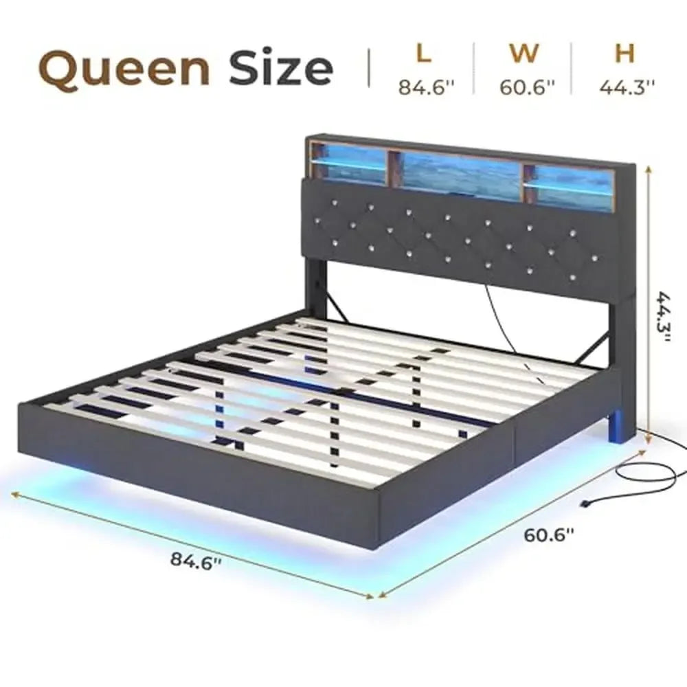 Floating Queen Bed Frame with Storage Headboard RGB LED Lights and Charging Station Modern Linen Upholstered Platform Bed Hidden