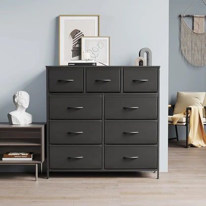 Dresser for Bedroom, 9 Drawer Storage Organizer Tall Wide Dresser for Bedroom Hallway, Sturdy Steel Frame Wood Top, Dark Black