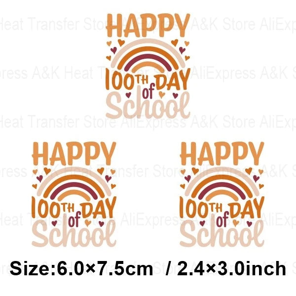 Happy 100 Days of School Heart Transfer Patches Iron On Clothing Kids Boy Rainbow DIY Washable Patches On Clothes Decals Decor