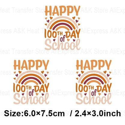 Happy 100 Days of School Heart Transfer Patches Iron On Clothing Kids Boy Rainbow DIY Washable Patches On Clothes Decals Decor