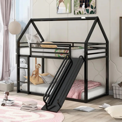 Kids Twin Over Twin Bunk Beds with Slide and Trundle, Bed Frame with Stairs and Storage, Playhouse Bunk Bed with Roof and Window