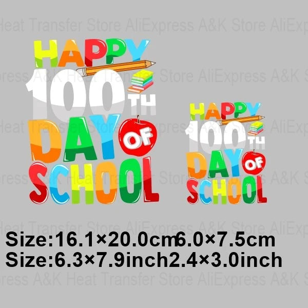 Happy 100 Days of School Heart Transfer Patches Iron On Clothing Kids Boy Rainbow DIY Washable Patches On Clothes Decals Decor