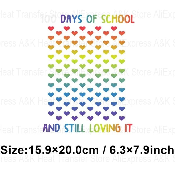 Happy 100 Days of School Heart Transfer Patches Iron On Clothing Kids Boy Rainbow DIY Washable Patches On Clothes Decals Decor