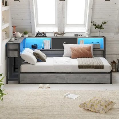 Corner Bed Frame Full Size with Bookcase and 2 Underbed Storage Drawers, Full Corner Bed with LED Light and Charging Station