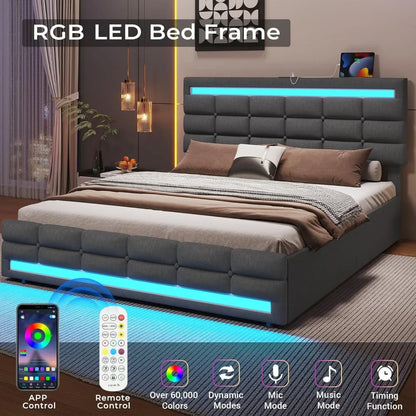 LED Bed Frame w 4 Drawers and 2 USB Charging Station, Upholstered Platform Queen Size Bed Frame w LED Lights Headboard Footboard